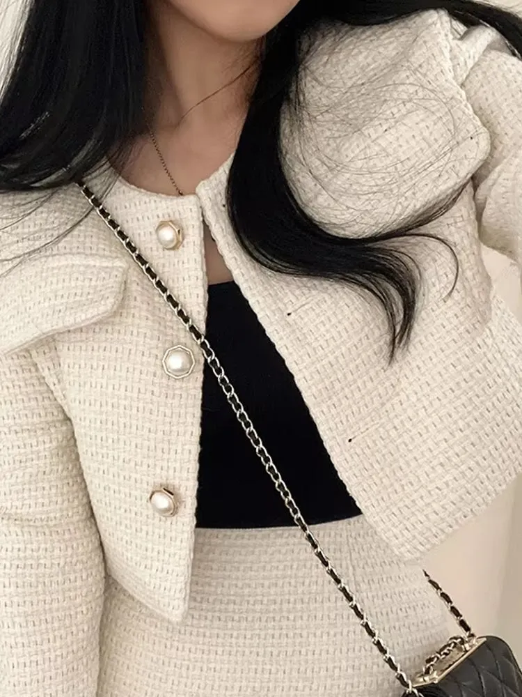 Women Tweed Pearl Buttons Jackets Skirts