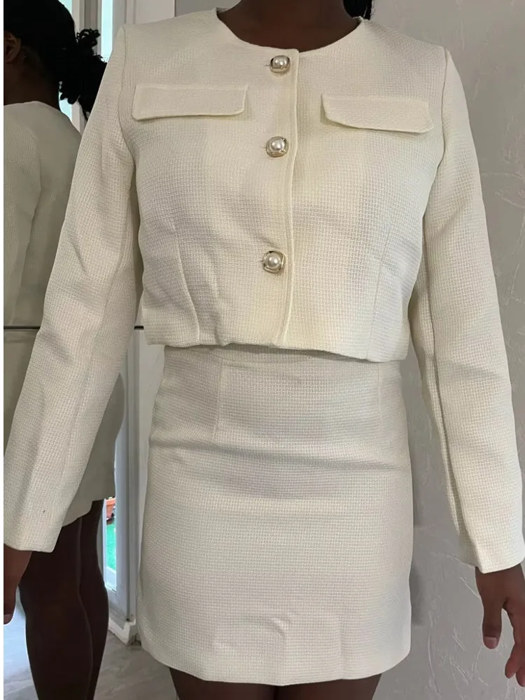 Women Tweed Pearl Buttons Jackets Skirts