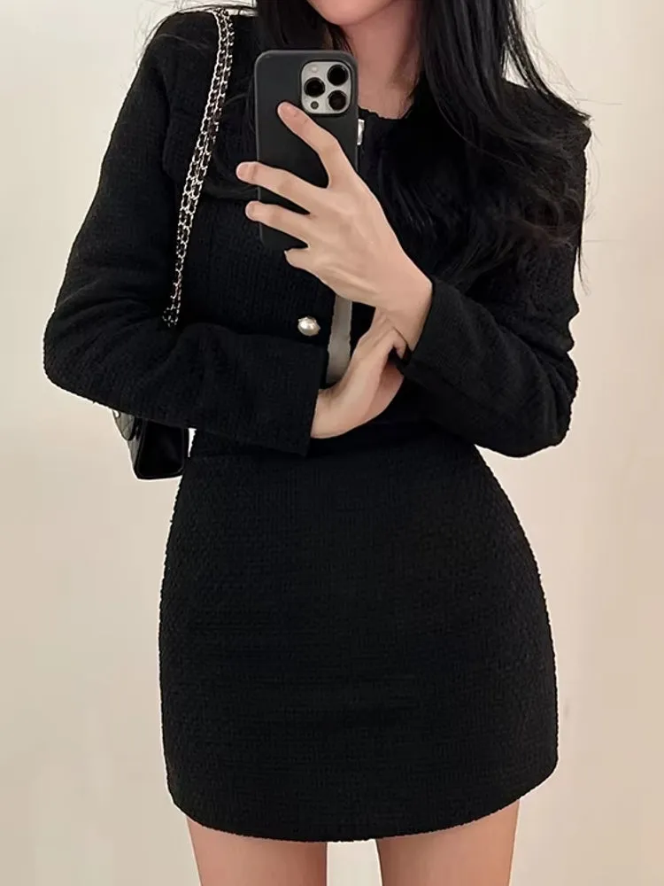 Women Tweed Pearl Buttons Jackets Skirts