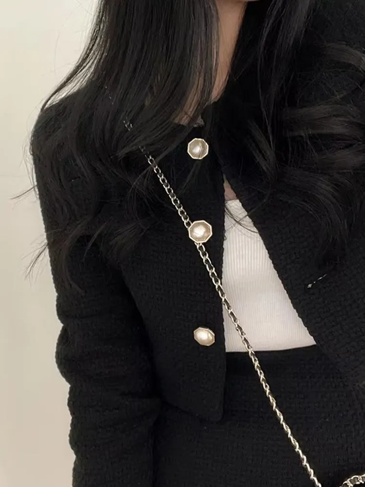 Women Tweed Pearl Buttons Jackets Skirts