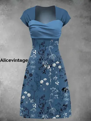 Women's Floral Art Print Short Sleeve Midi Dress