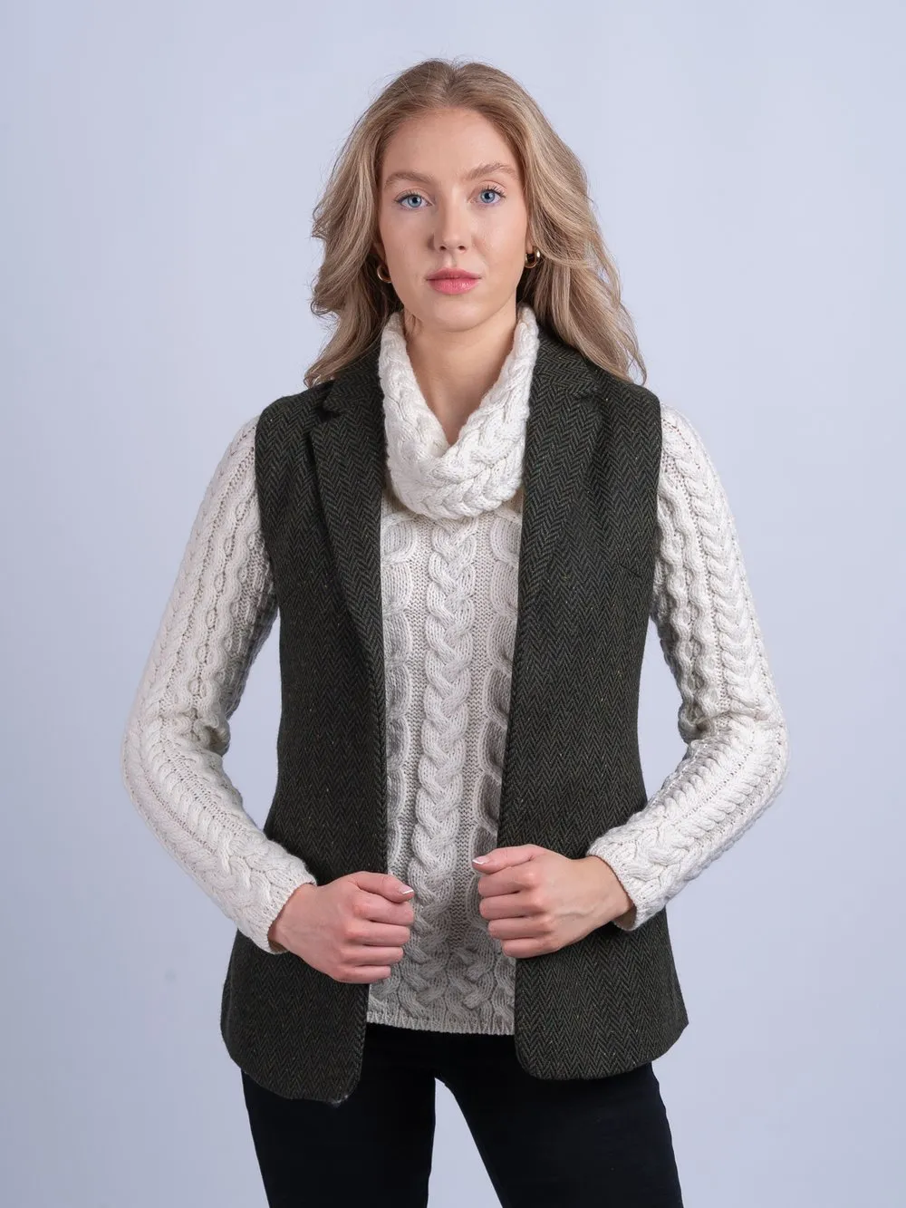 Women's Green Herringbone Tweed Gilet