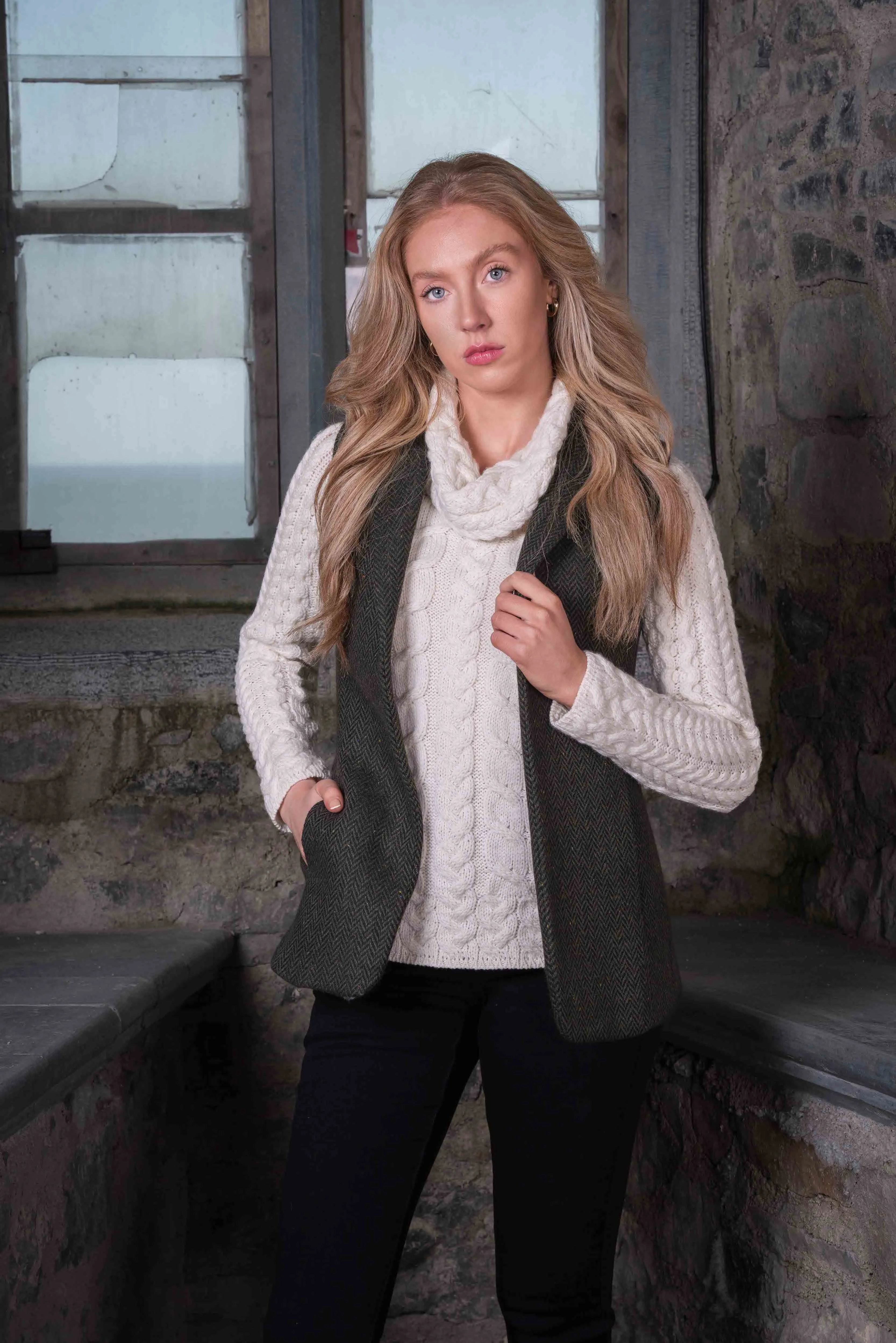 Women's Green Herringbone Tweed Gilet