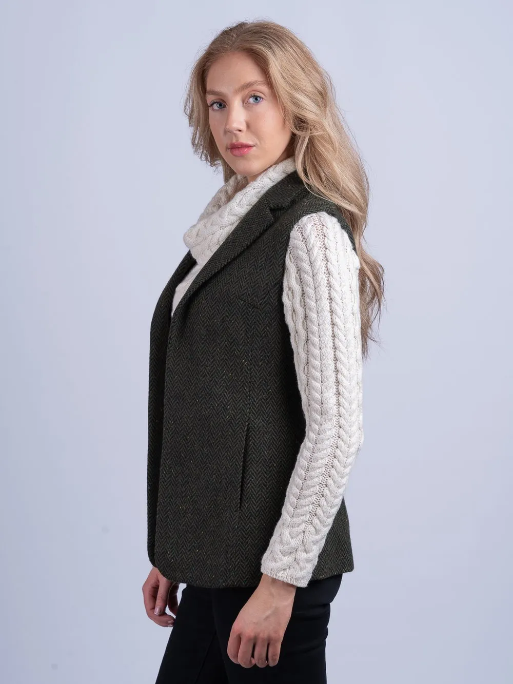 Women's Green Herringbone Tweed Gilet