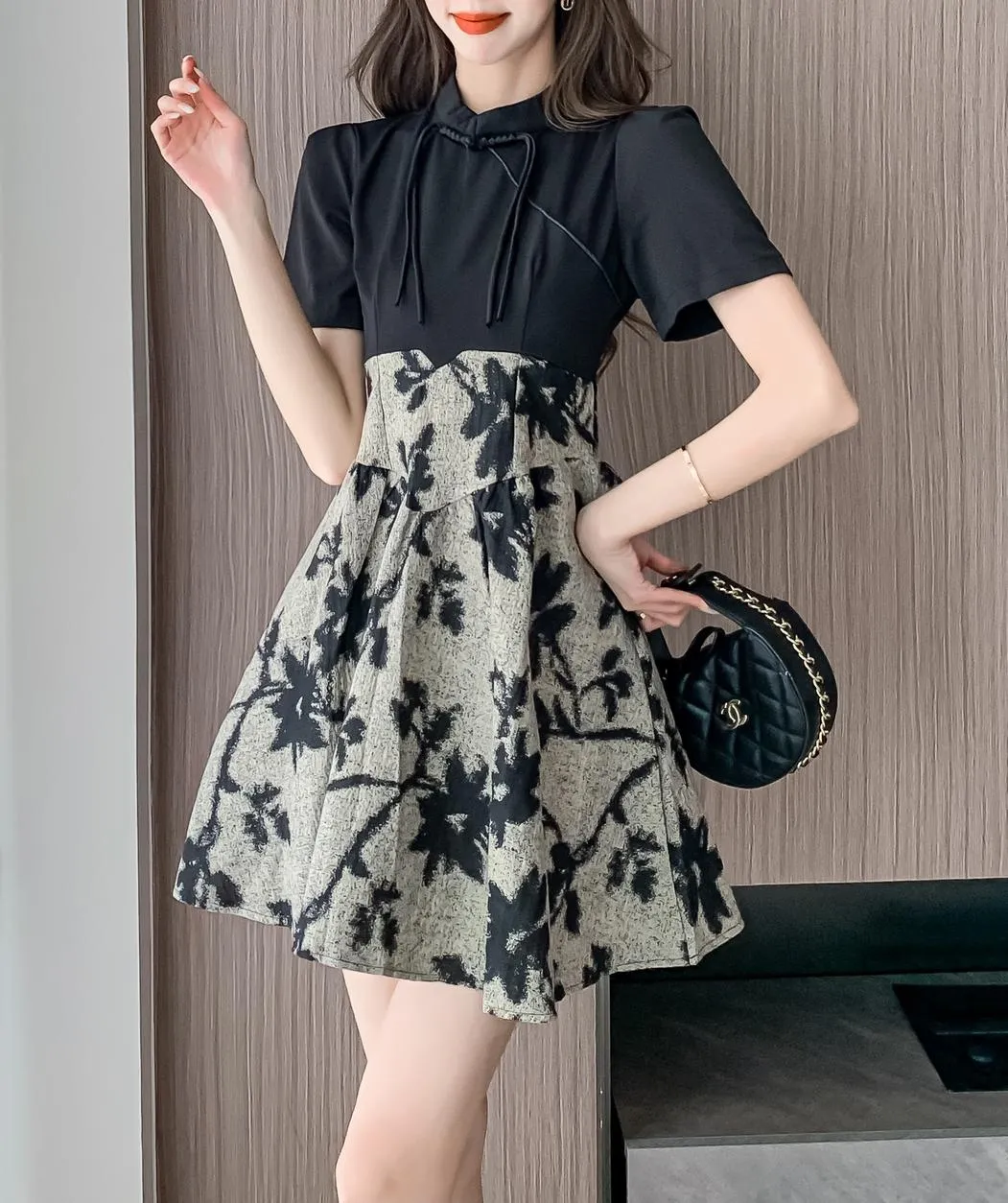 Women's Patchwork Faux Two-Piece Mini Tea Dress Featuring Toggle Buttons
