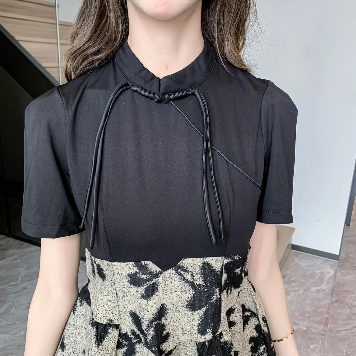 Women's Patchwork Faux Two-Piece Mini Tea Dress Featuring Toggle Buttons