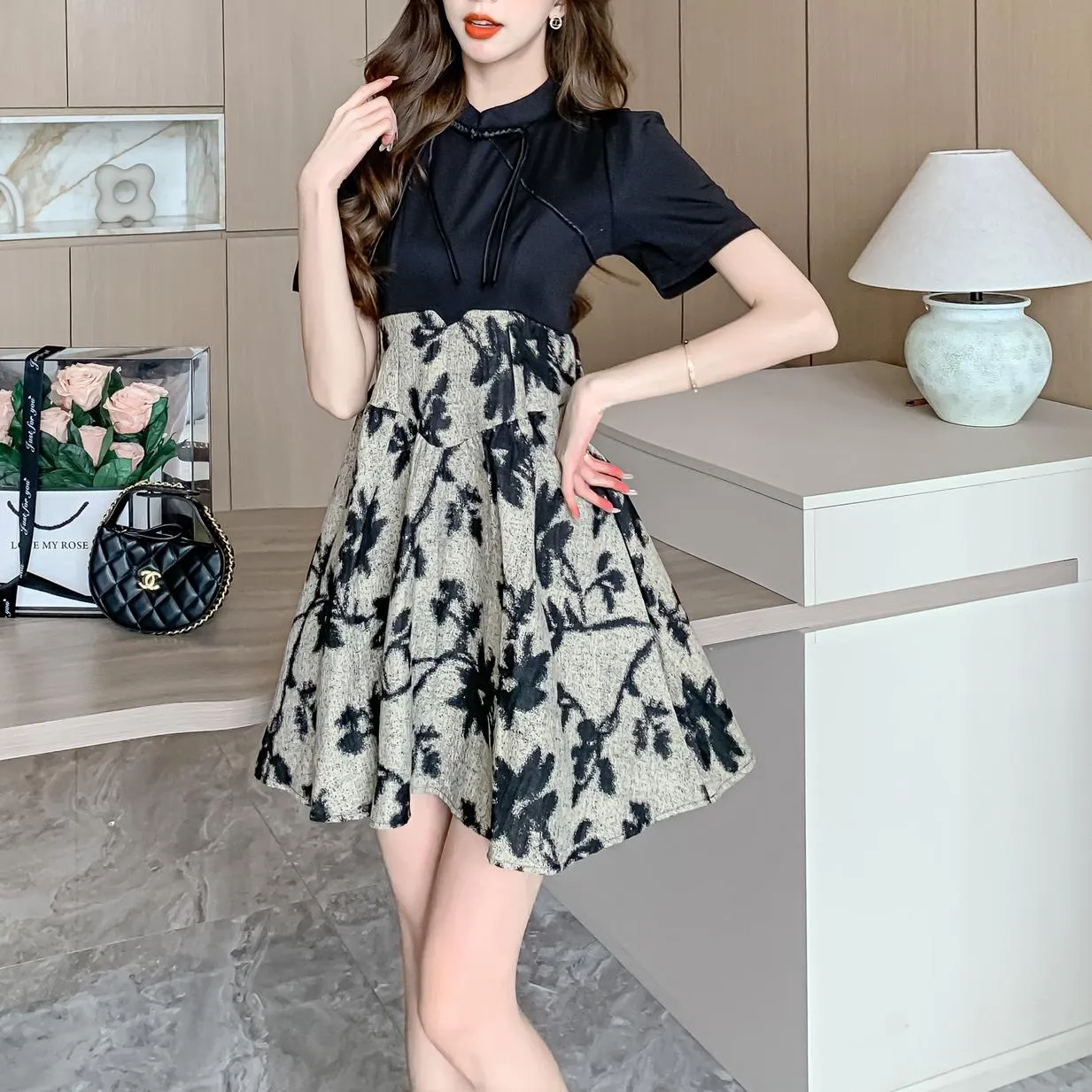 Women's Patchwork Faux Two-Piece Mini Tea Dress Featuring Toggle Buttons