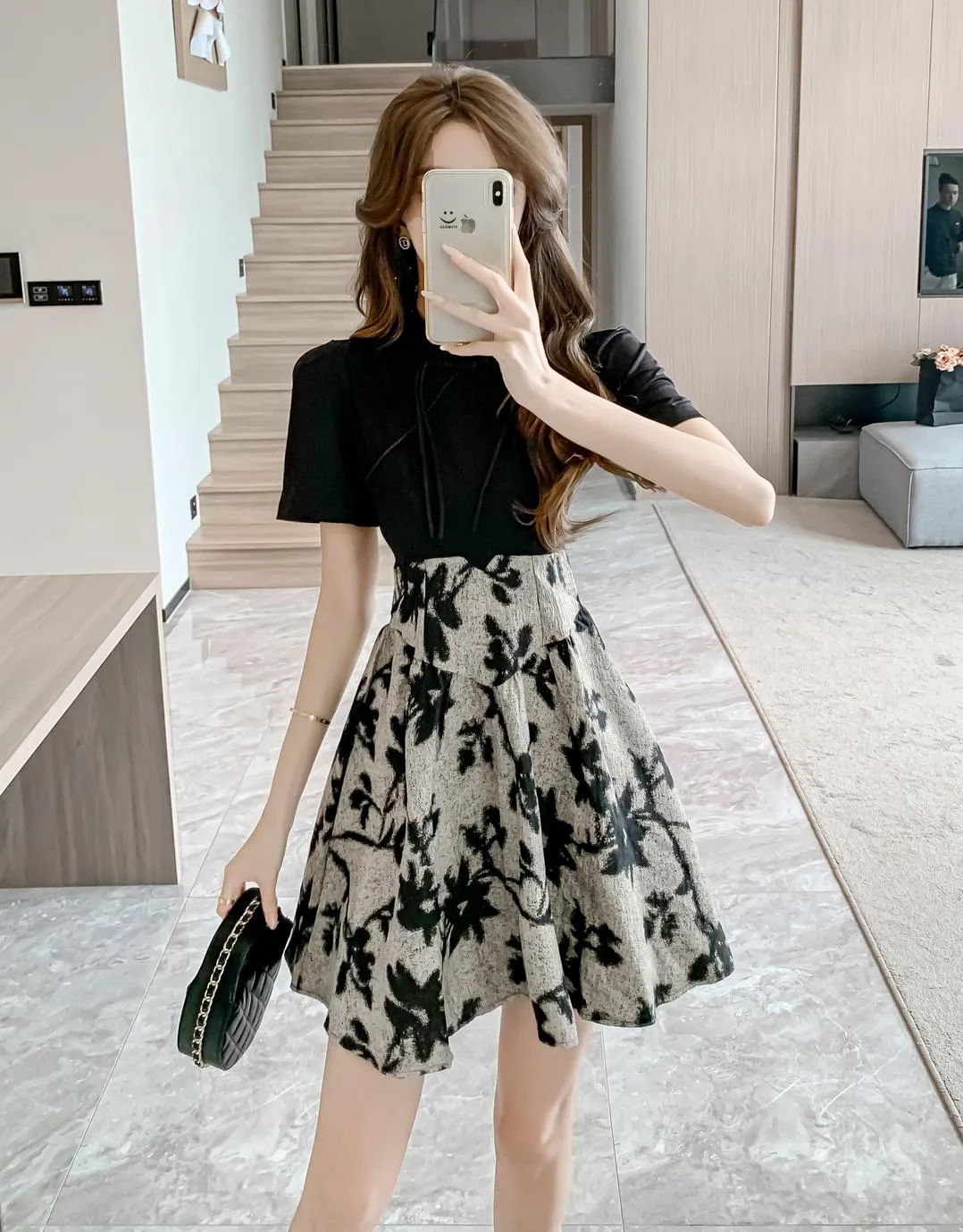 Women's Patchwork Faux Two-Piece Mini Tea Dress Featuring Toggle Buttons