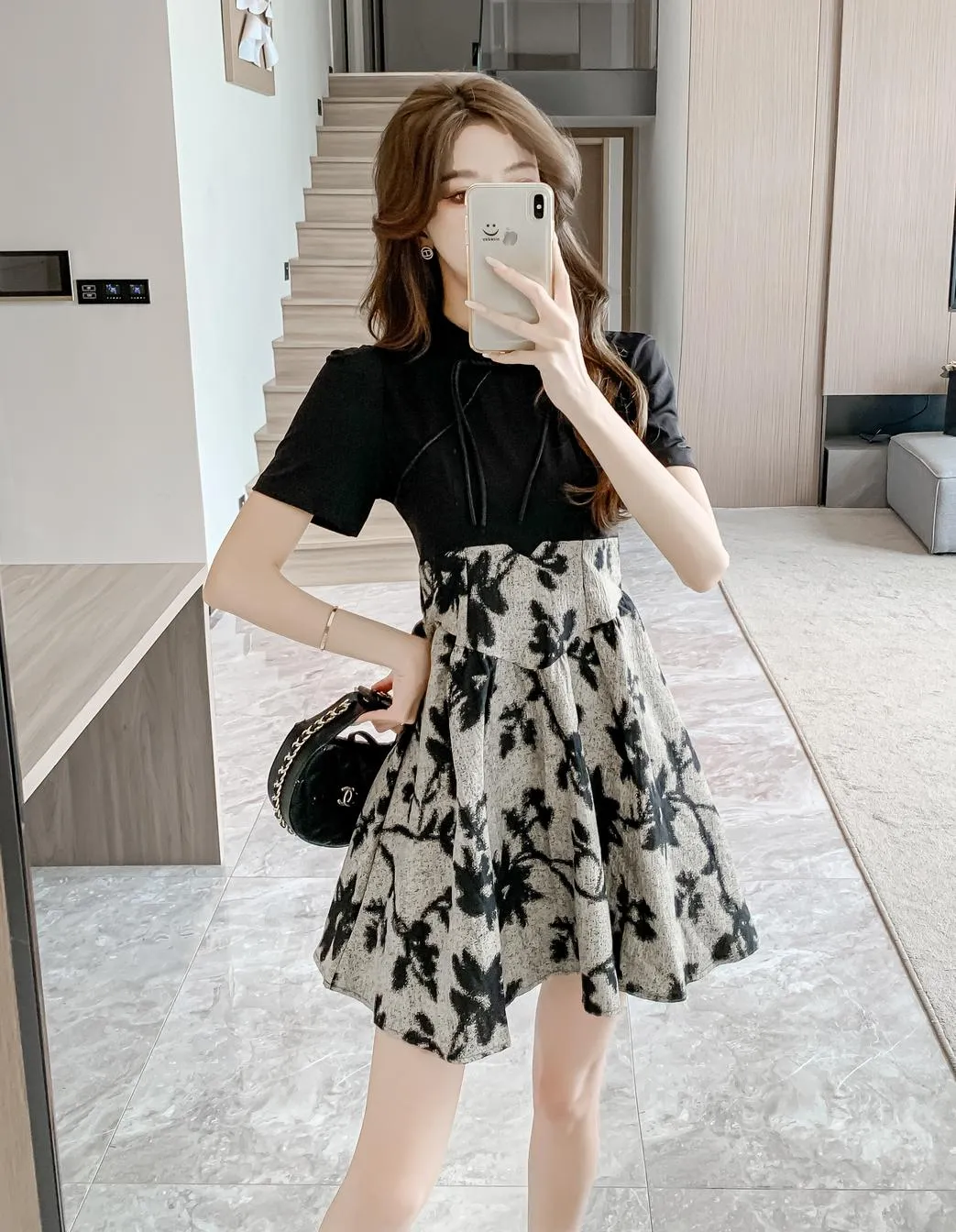 Women's Patchwork Faux Two-Piece Mini Tea Dress Featuring Toggle Buttons