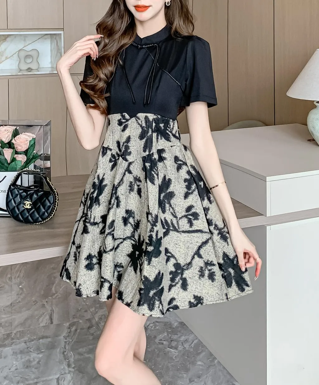 Women's Patchwork Faux Two-Piece Mini Tea Dress Featuring Toggle Buttons