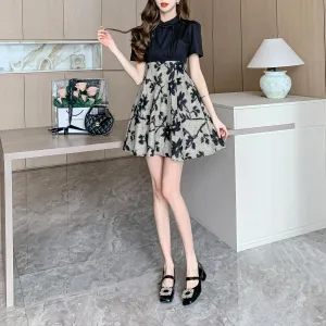 Women's Patchwork Faux Two-Piece Mini Tea Dress Featuring Toggle Buttons