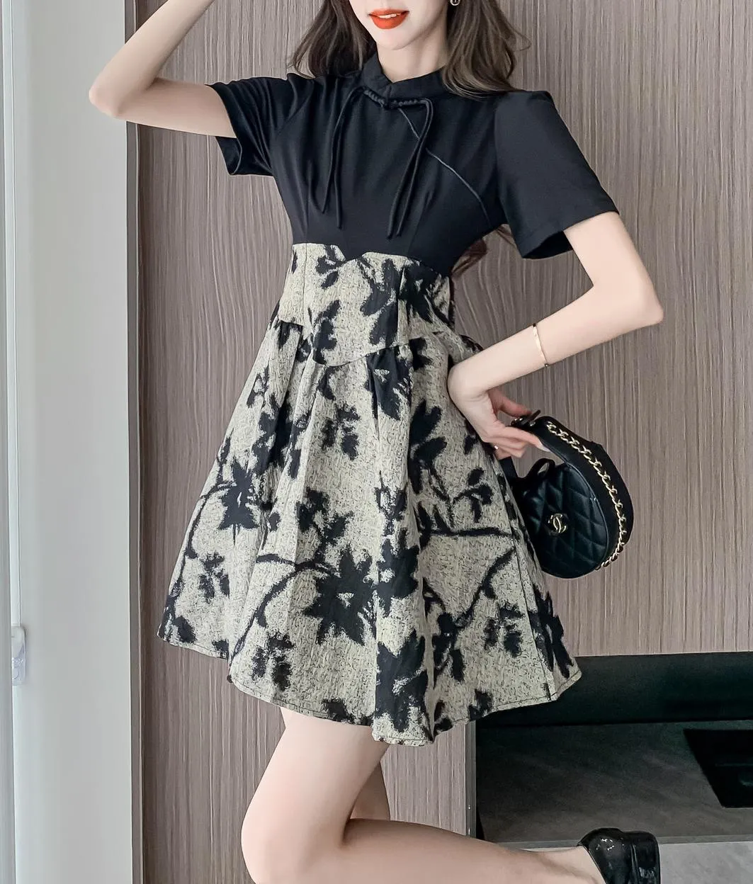 Women's Patchwork Faux Two-Piece Mini Tea Dress Featuring Toggle Buttons