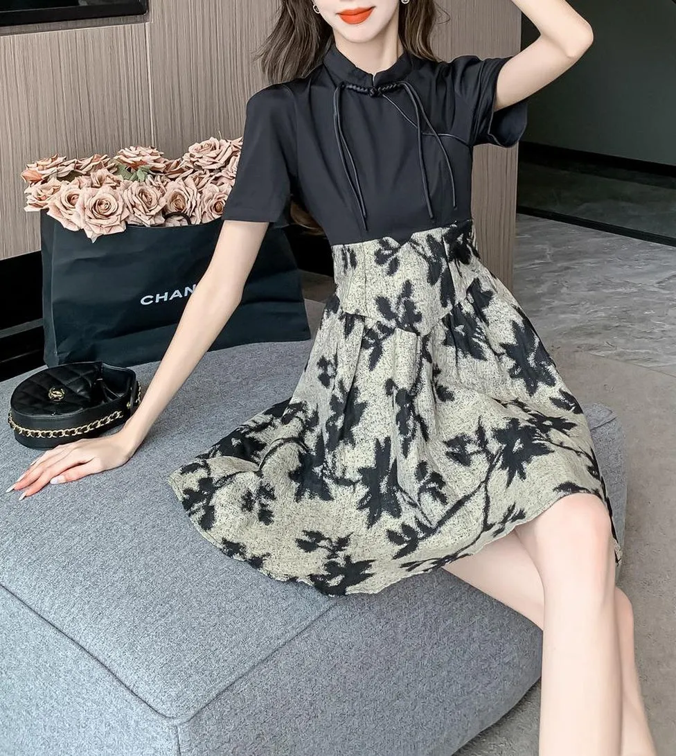 Women's Patchwork Faux Two-Piece Mini Tea Dress Featuring Toggle Buttons