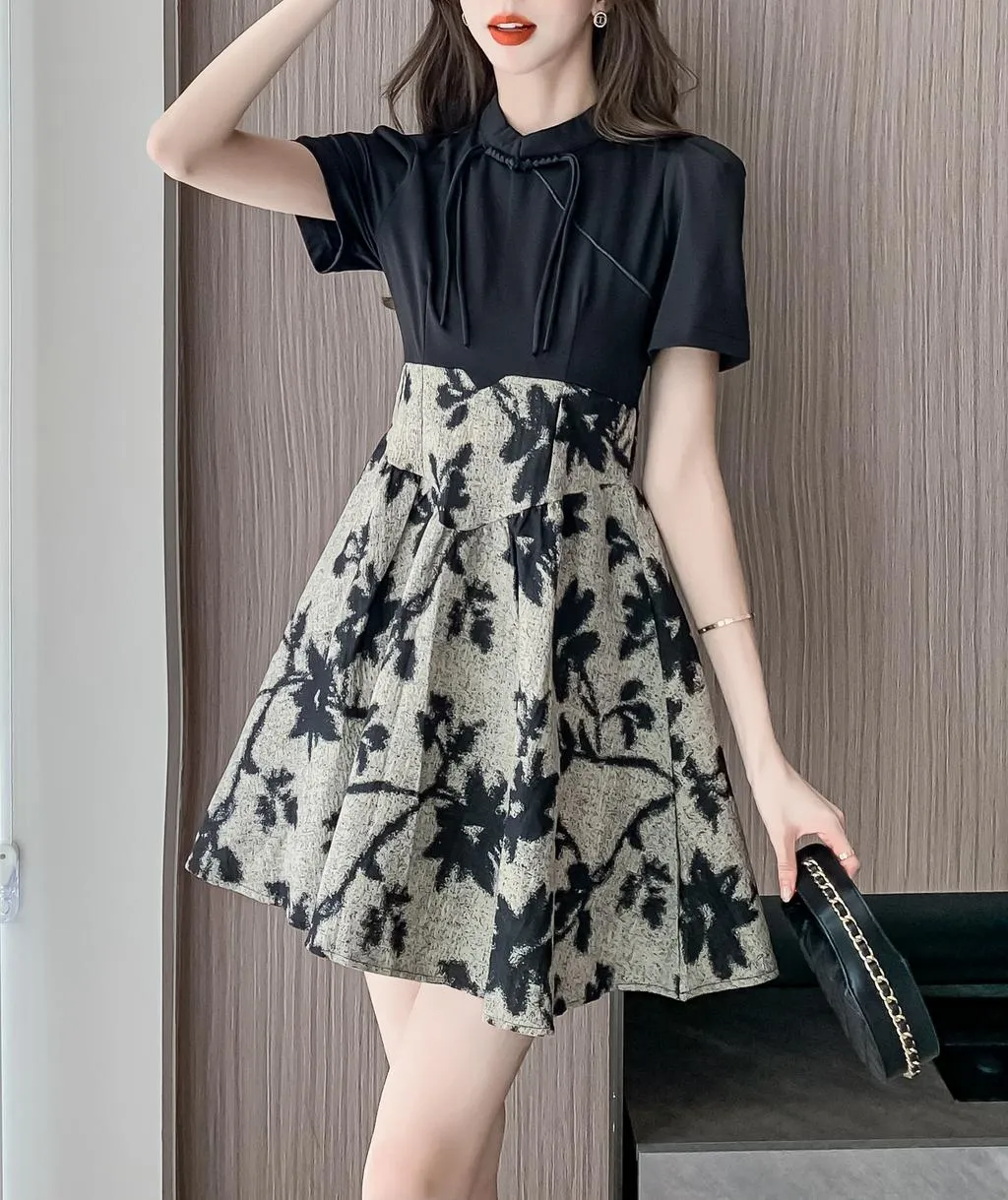Women's Patchwork Faux Two-Piece Mini Tea Dress Featuring Toggle Buttons
