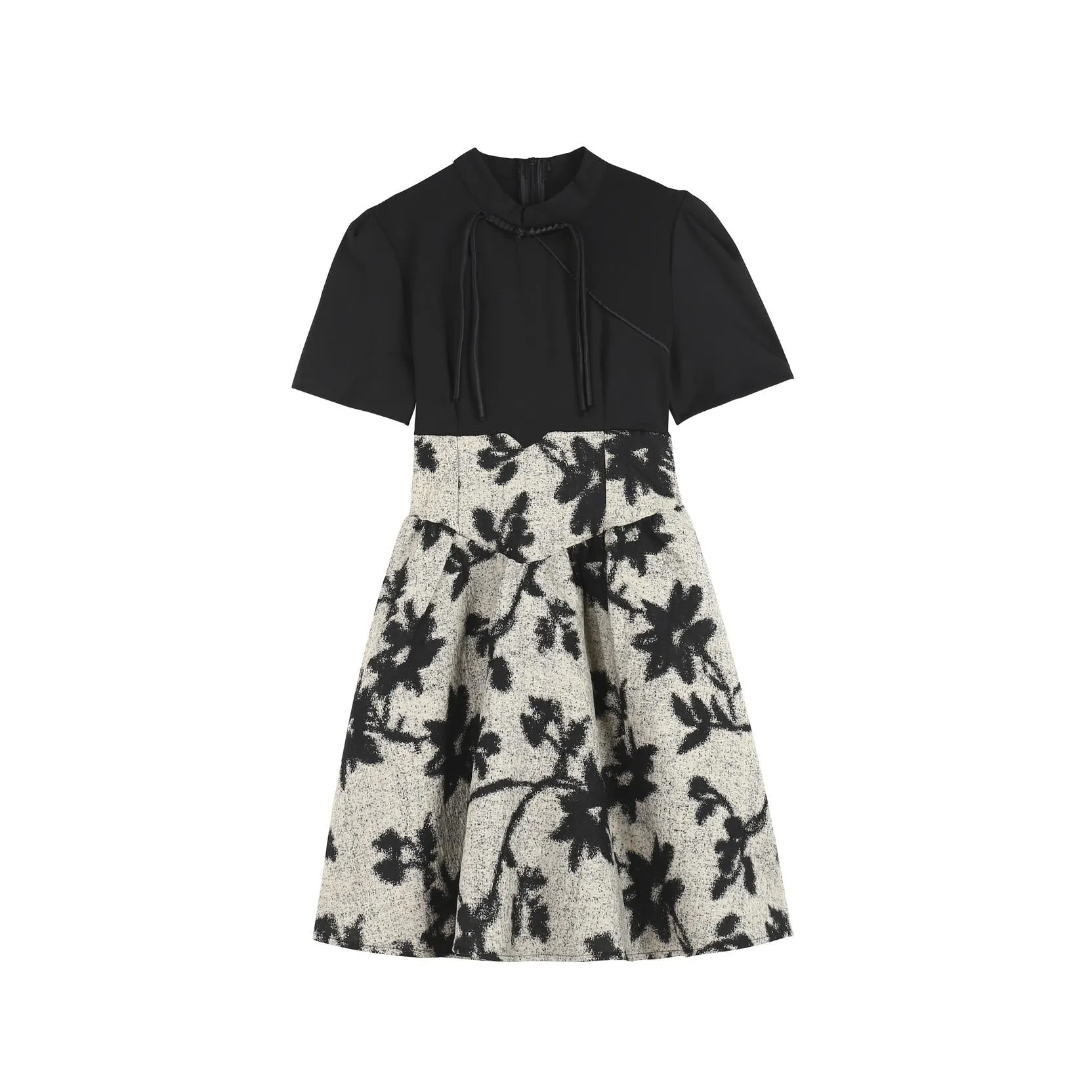 Women's Patchwork Faux Two-Piece Mini Tea Dress Featuring Toggle Buttons