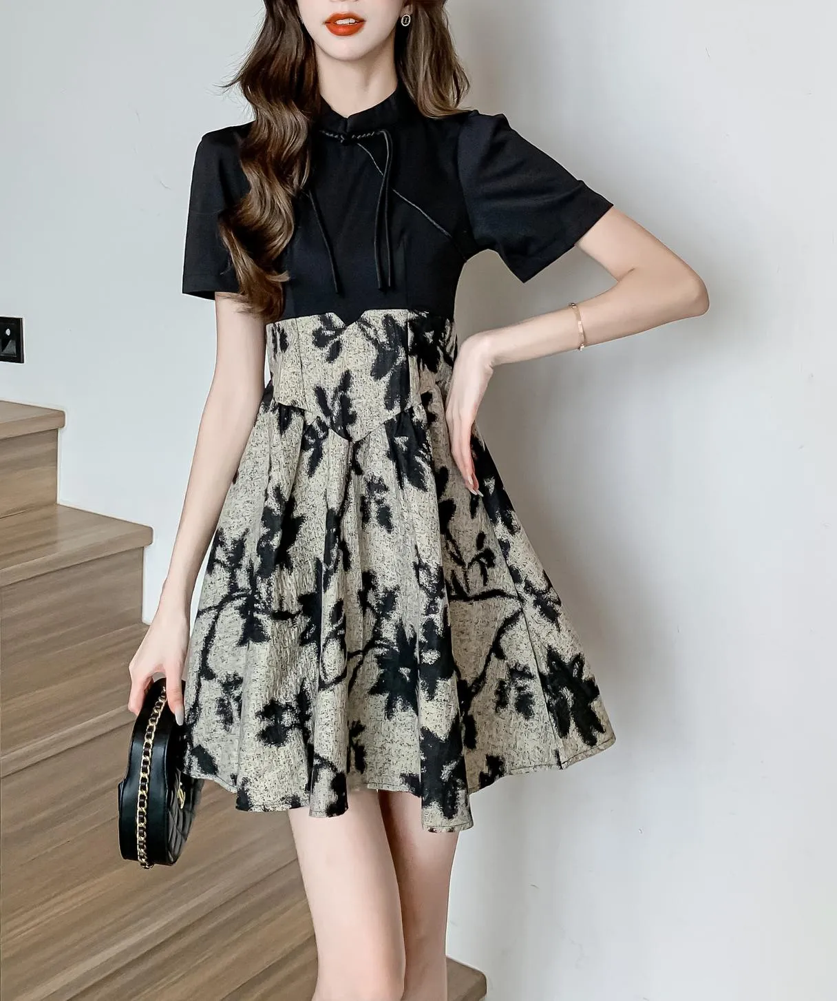 Women's Patchwork Faux Two-Piece Mini Tea Dress Featuring Toggle Buttons