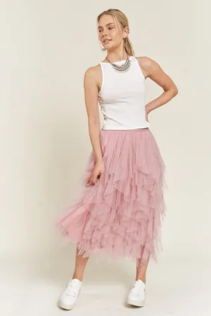 Women's Polka Dot Tiered Mesh A-Line Midi Skirt