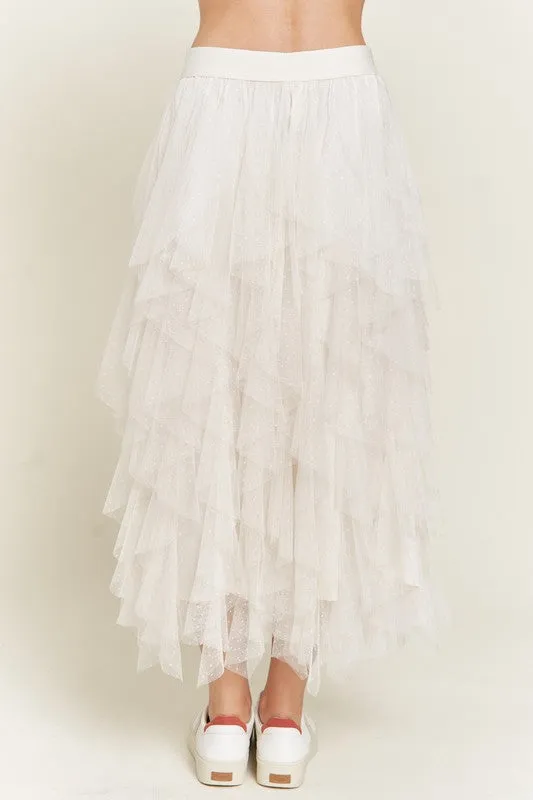 Women's Polka Dot Tiered Mesh A-Line Midi Skirt