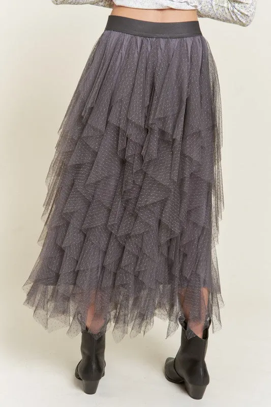 Women's Polka Dot Tiered Mesh A-Line Midi Skirt