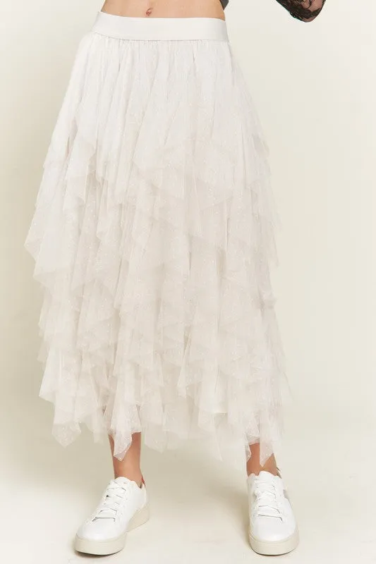 Women's Polka Dot Tiered Mesh A-Line Midi Skirt