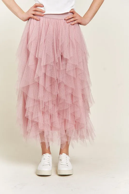 Women's Polka Dot Tiered Mesh A-Line Midi Skirt