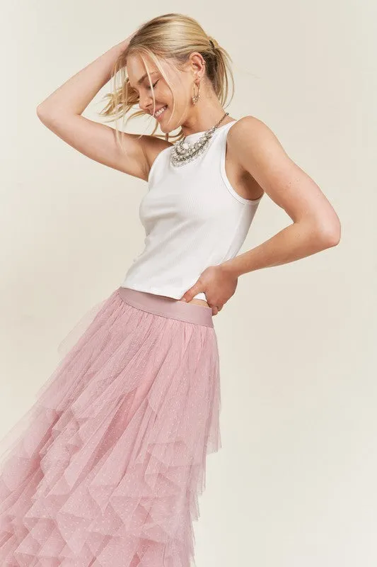 Women's Polka Dot Tiered Mesh A-Line Midi Skirt