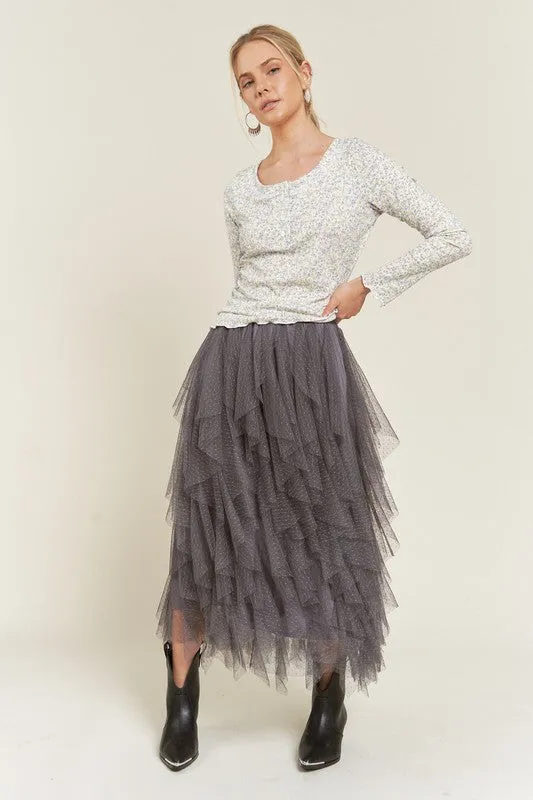 Women's Polka Dot Tiered Mesh A-Line Midi Skirt