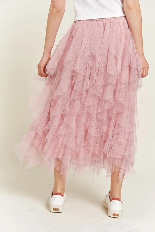 Women's Polka Dot Tiered Mesh A-Line Midi Skirt