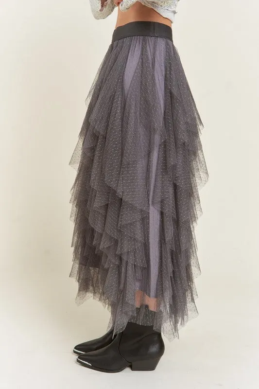 Women's Polka Dot Tiered Mesh A-Line Midi Skirt