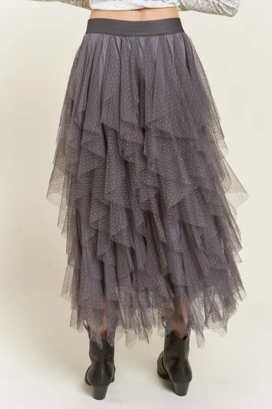 Women's Polka Dot Tiered Mesh A-Line Midi Skirt