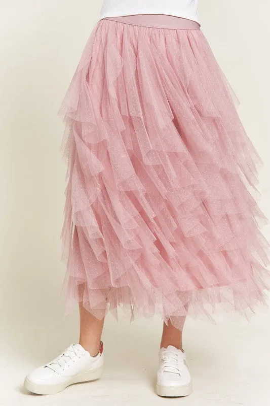 Women's Polka Dot Tiered Mesh A-Line Midi Skirt