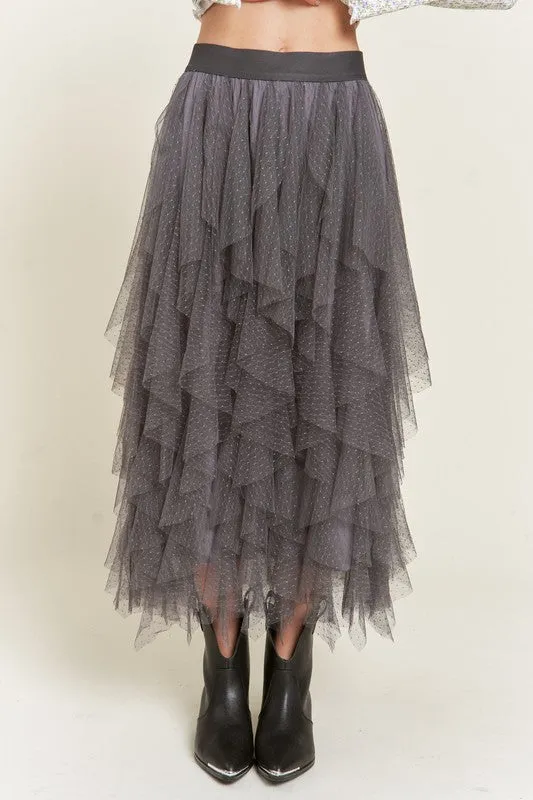 Women's Polka Dot Tiered Mesh A-Line Midi Skirt