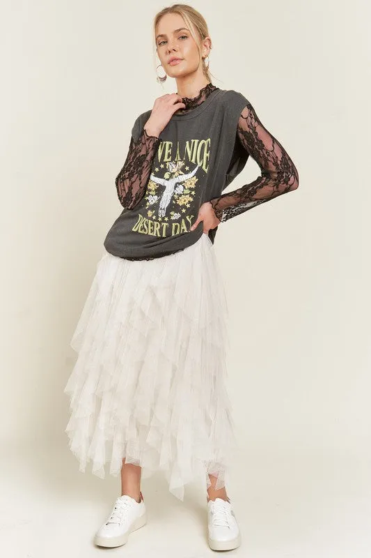 Women's Polka Dot Tiered Mesh A-Line Midi Skirt