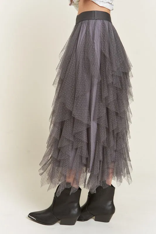 Women's Polka Dot Tiered Mesh A-Line Midi Skirt