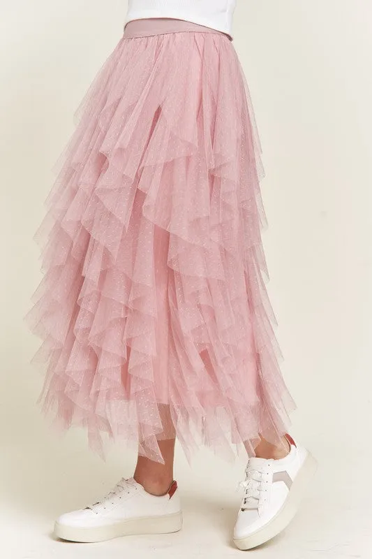 Women's Polka Dot Tiered Mesh A-Line Midi Skirt