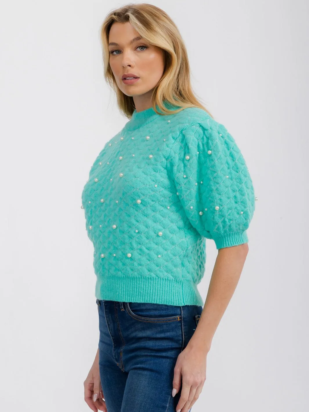 WOMEN'S SHORT PUFF SLEEVE PEARL KNIT BLOUSE
