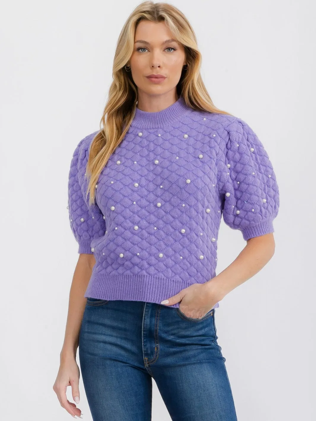 WOMEN'S SHORT PUFF SLEEVE PEARL KNIT BLOUSE