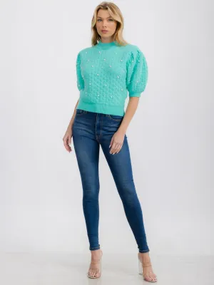 WOMEN'S SHORT PUFF SLEEVE PEARL KNIT BLOUSE