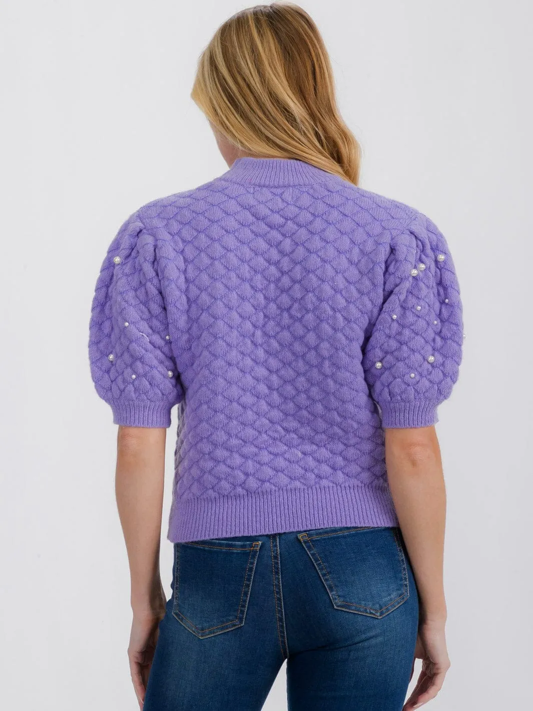 WOMEN'S SHORT PUFF SLEEVE PEARL KNIT BLOUSE