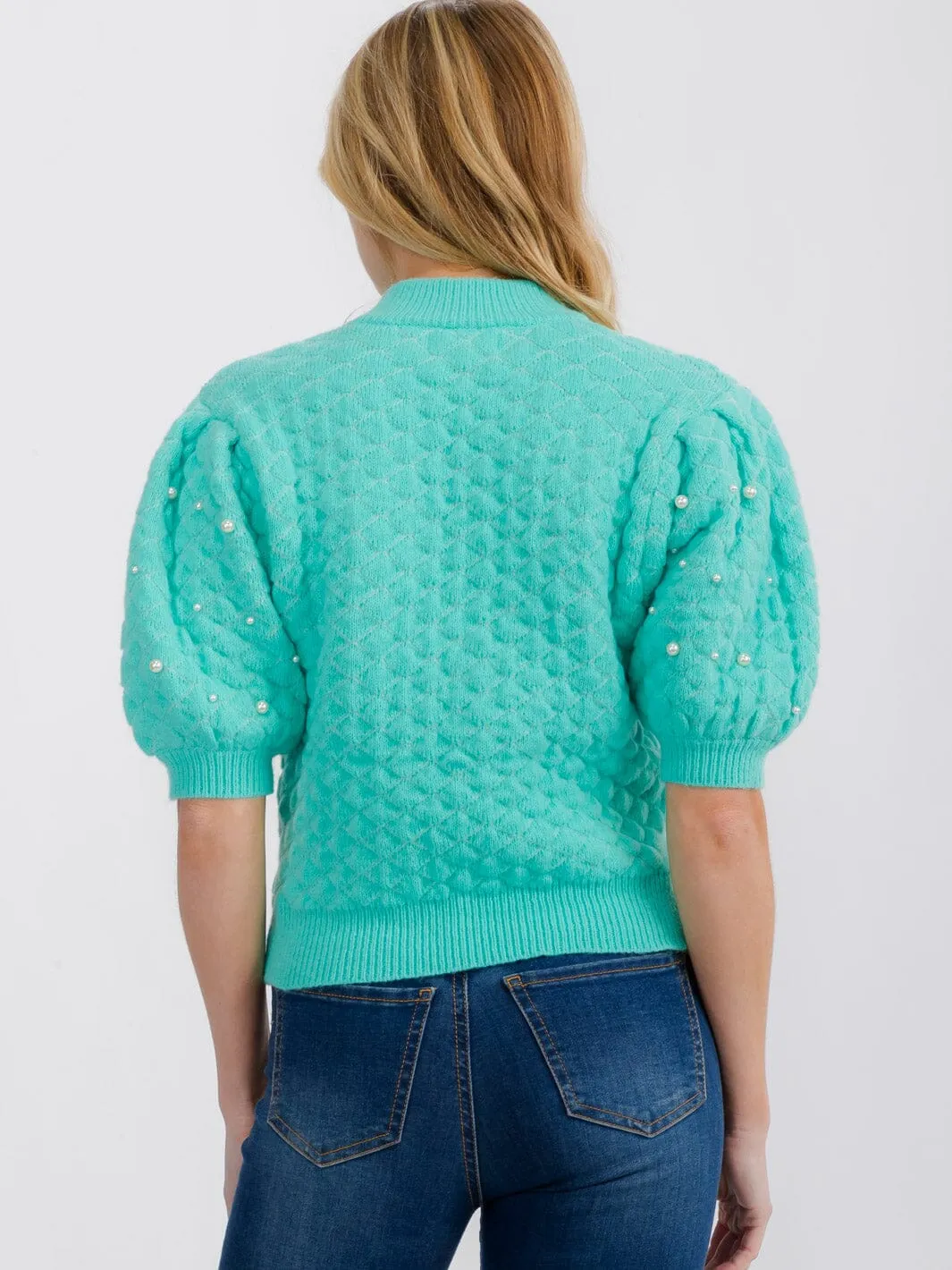 WOMEN'S SHORT PUFF SLEEVE PEARL KNIT BLOUSE