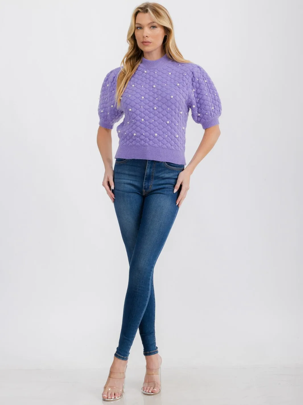 WOMEN'S SHORT PUFF SLEEVE PEARL KNIT BLOUSE
