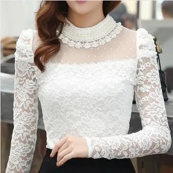 Women's Stand Pearl Collar Lace Crochet Blouse Shirts, long sleeve sexy tops for women