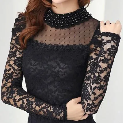 Women's Stand Pearl Collar Lace Crochet Blouse Shirts, long sleeve sexy tops for women