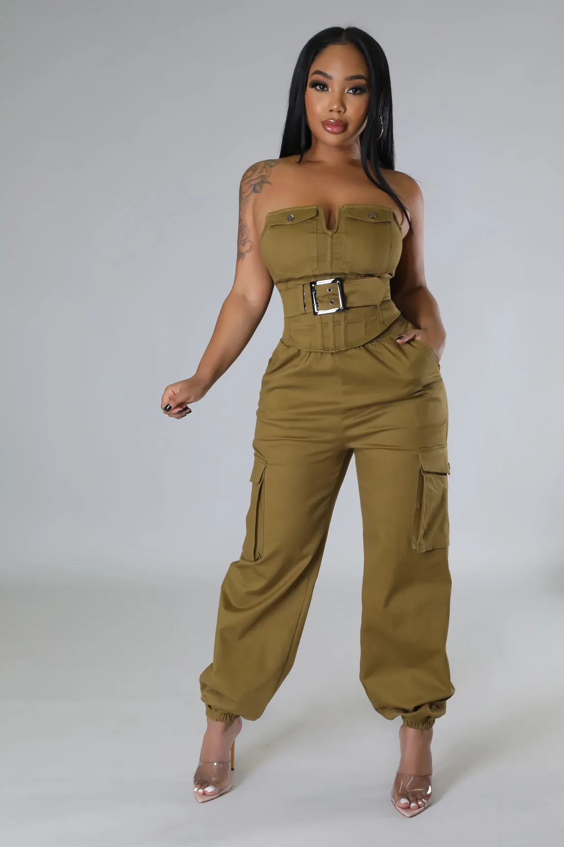 Women's Strapless Belt included Cargo style Dark Moss Brown Pant Set