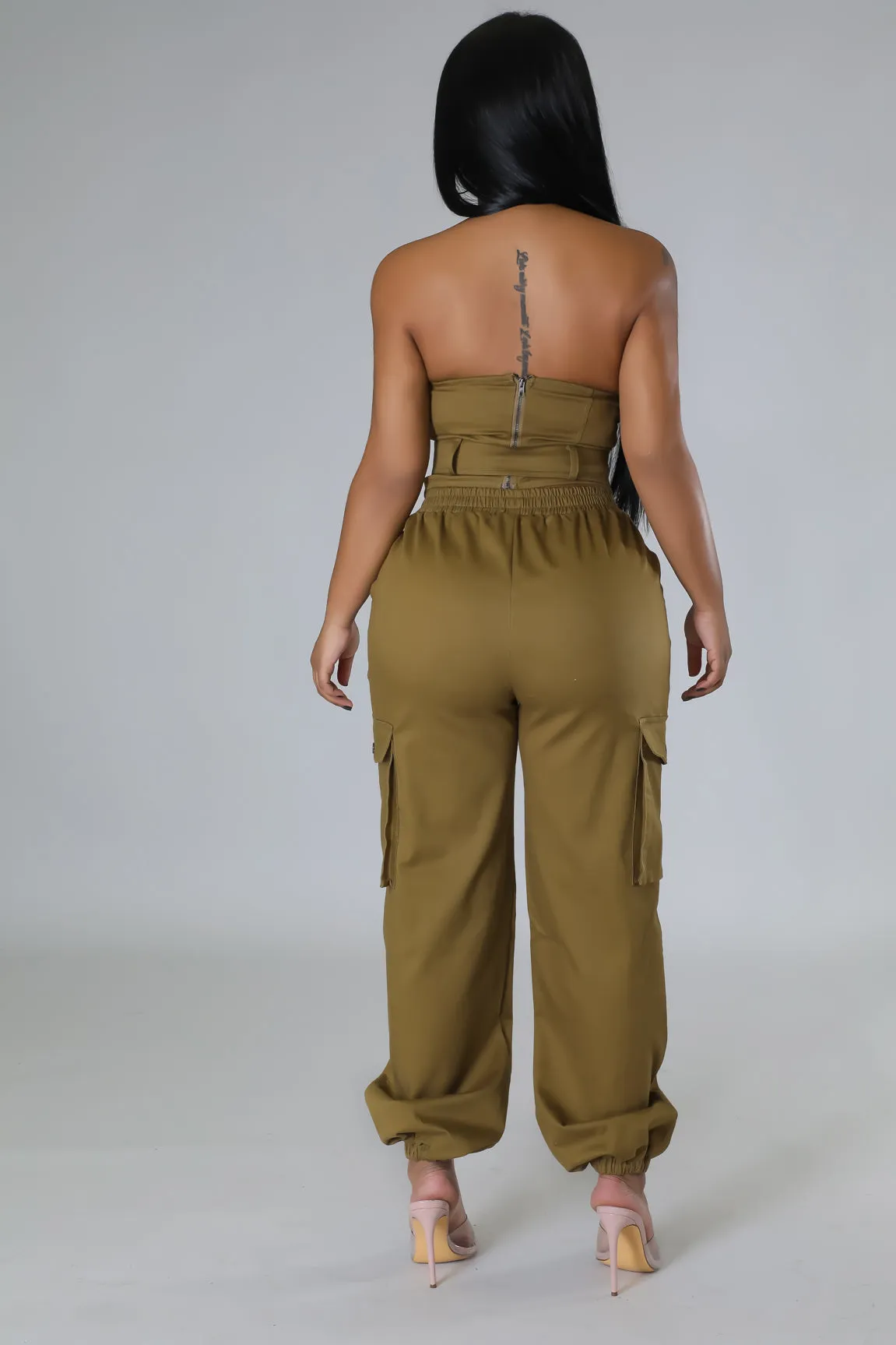 Women's Strapless Belt included Cargo style Dark Moss Brown Pant Set