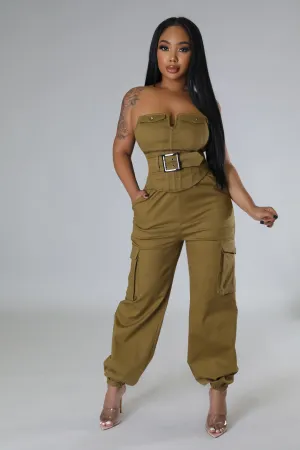 Women's Strapless Belt included Cargo style Dark Moss Brown Pant Set