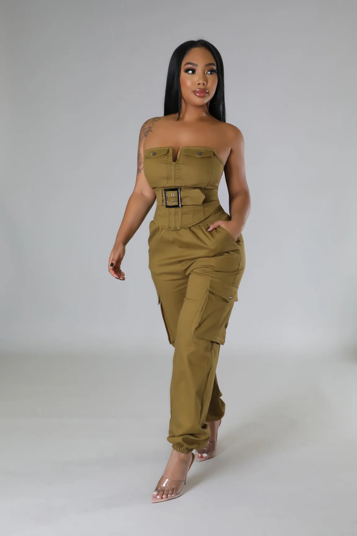 Women's Strapless Belt included Cargo style Dark Moss Brown Pant Set