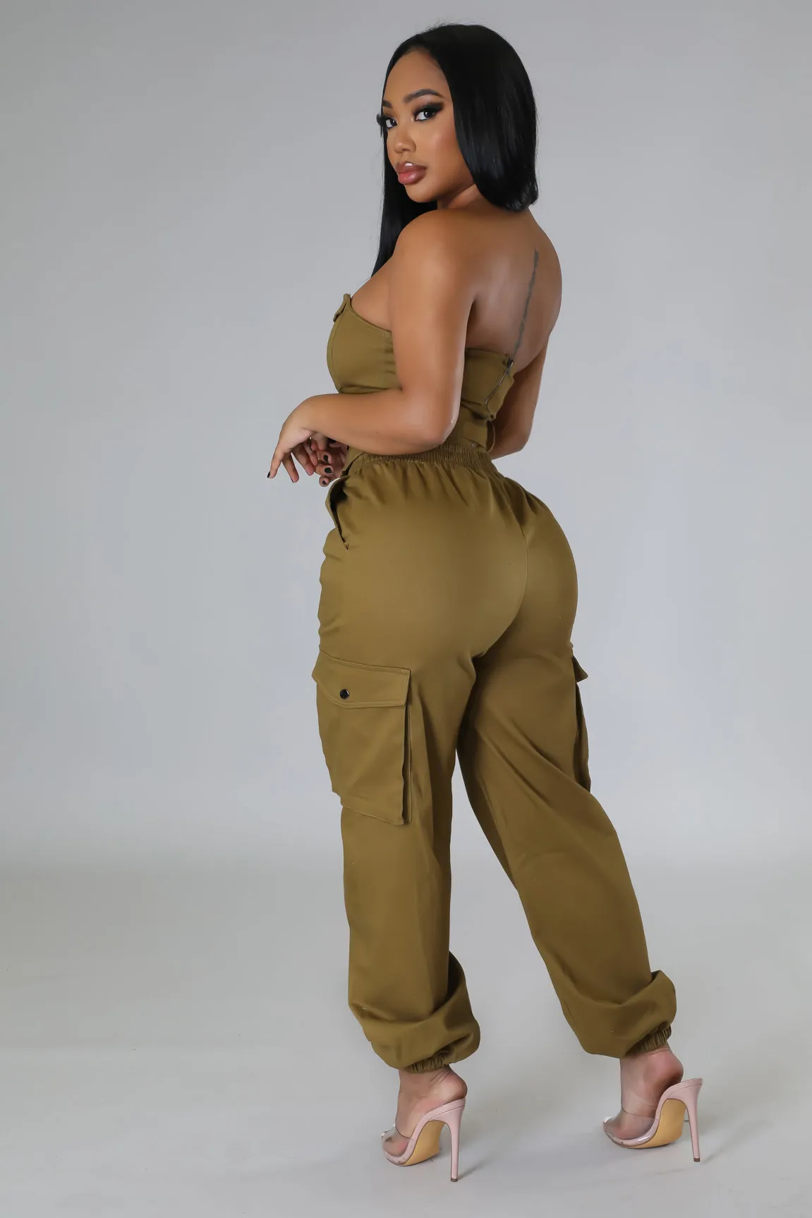Women's Strapless Belt included Cargo style Dark Moss Brown Pant Set