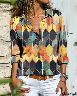 Xieyinshe - Color Block Geometric Print Long Sleeve Shirt