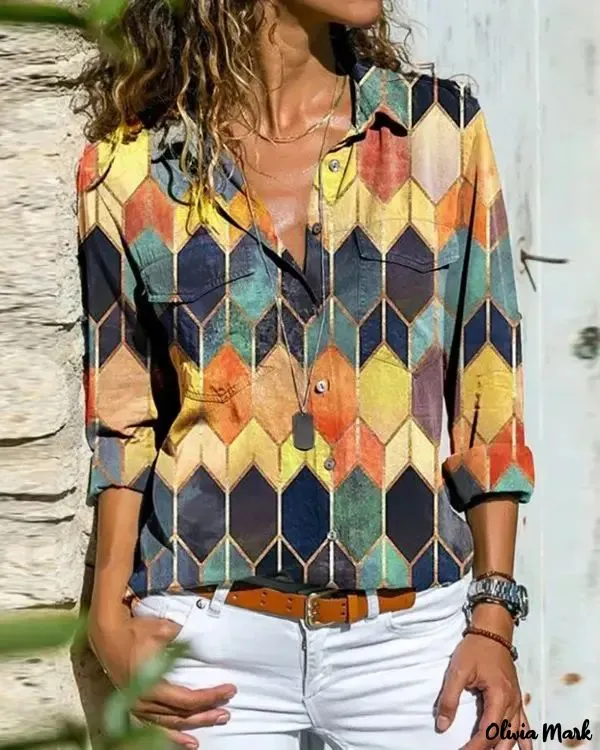 Xieyinshe - Color Block Geometric Print Long Sleeve Shirt